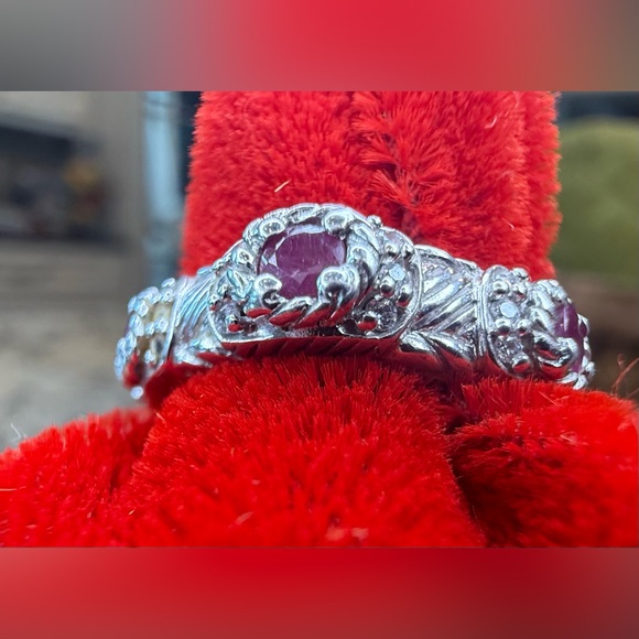 Judith Ripka Sterling Silver Ruby Stackable Band Ring with CZ Accents - Size 7 - Picture 9 of 12